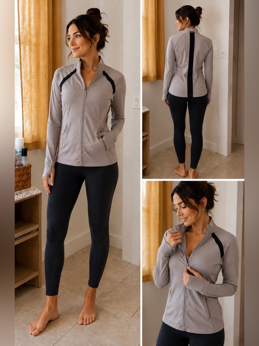 DKNY Light Gray Active Zip-Up Jacket with Black Trim